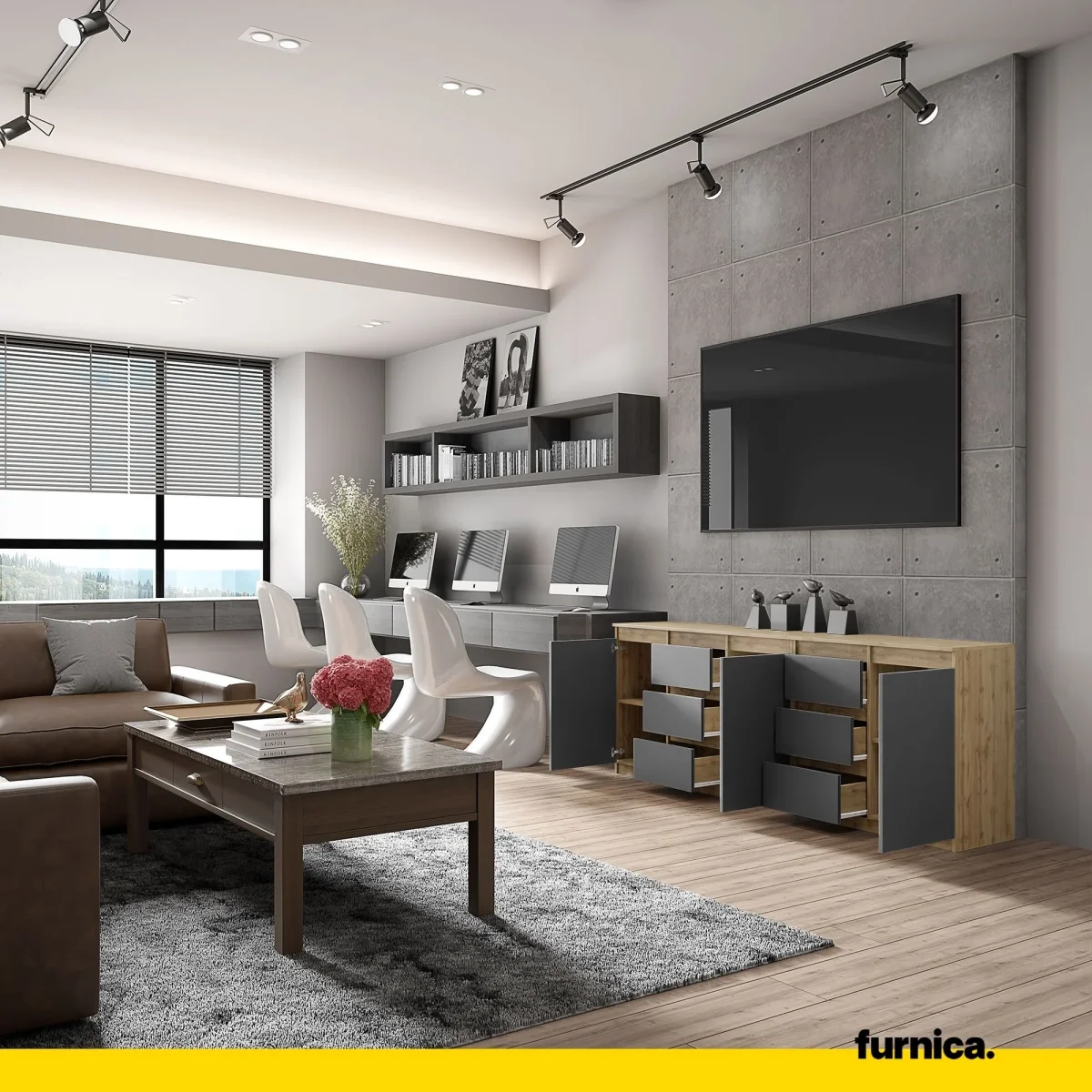 MIKEL - Commode 6 Tiroirs et 3 Portes - Armoire de Rangement pour Couloir / Chambre à Coucher - Buffet - Chêne Wotan / Anthracite H75cm L200cm P35cm – Image 5