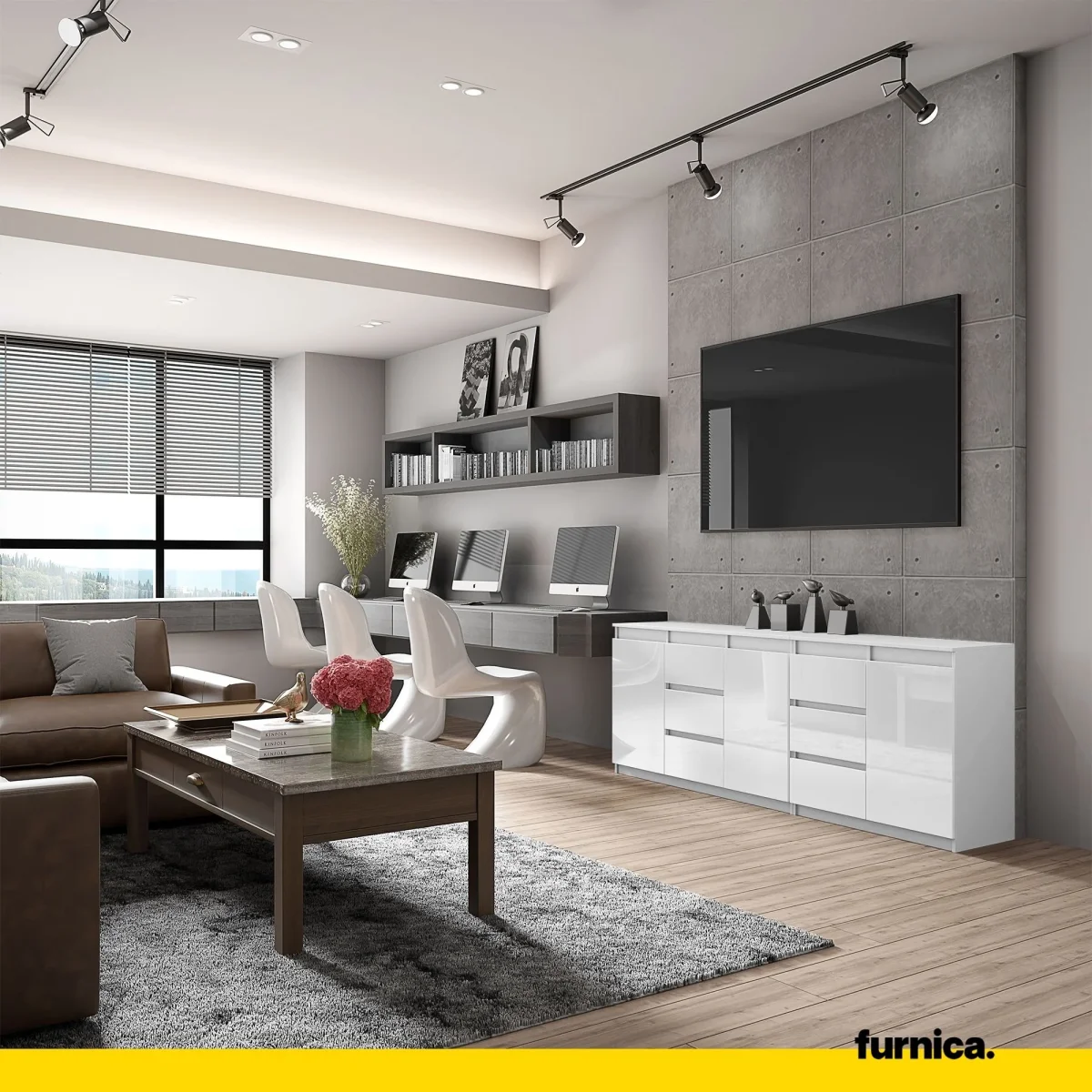 MIKEL - Commode 6 Tiroirs et 3 Portes - Armoire de Rangement pour Couloir / Chambre à Coucher - Buffet - Blanc Matt / Blanc Brillant H75cm L200cm P35cm – Image 4