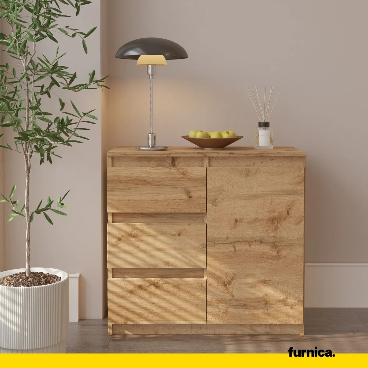 MIKEL - Commode 3 Tiroirs et 1 Porte - Armoire de Rangement pour Couloir / Chambre à Coucher - Buffet - H75cm L80cm P35cm (Chêne Wotan) – Image 4