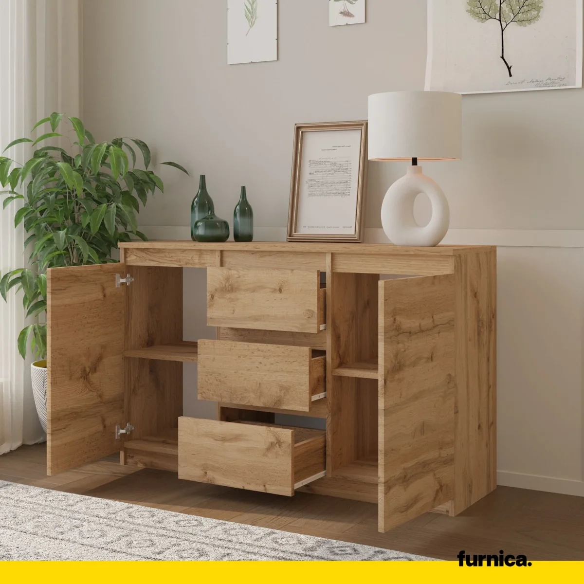 MIKEL - Commode 3 Tiroirs et 2 Portes - Armoire de Rangement pour Couloir / Chambre à Coucher - Buffet - H75cm L120cm P35cm (Chêne Wotan) – Image 6