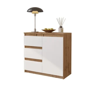 MIKEL - Commode 3 Tiroirs et 1 Porte - Armoire de Rangement pour Couloir / Chambre à Coucher - Buffet - H75cm L80cm P35cm (Chêne Wotan / Blanc)