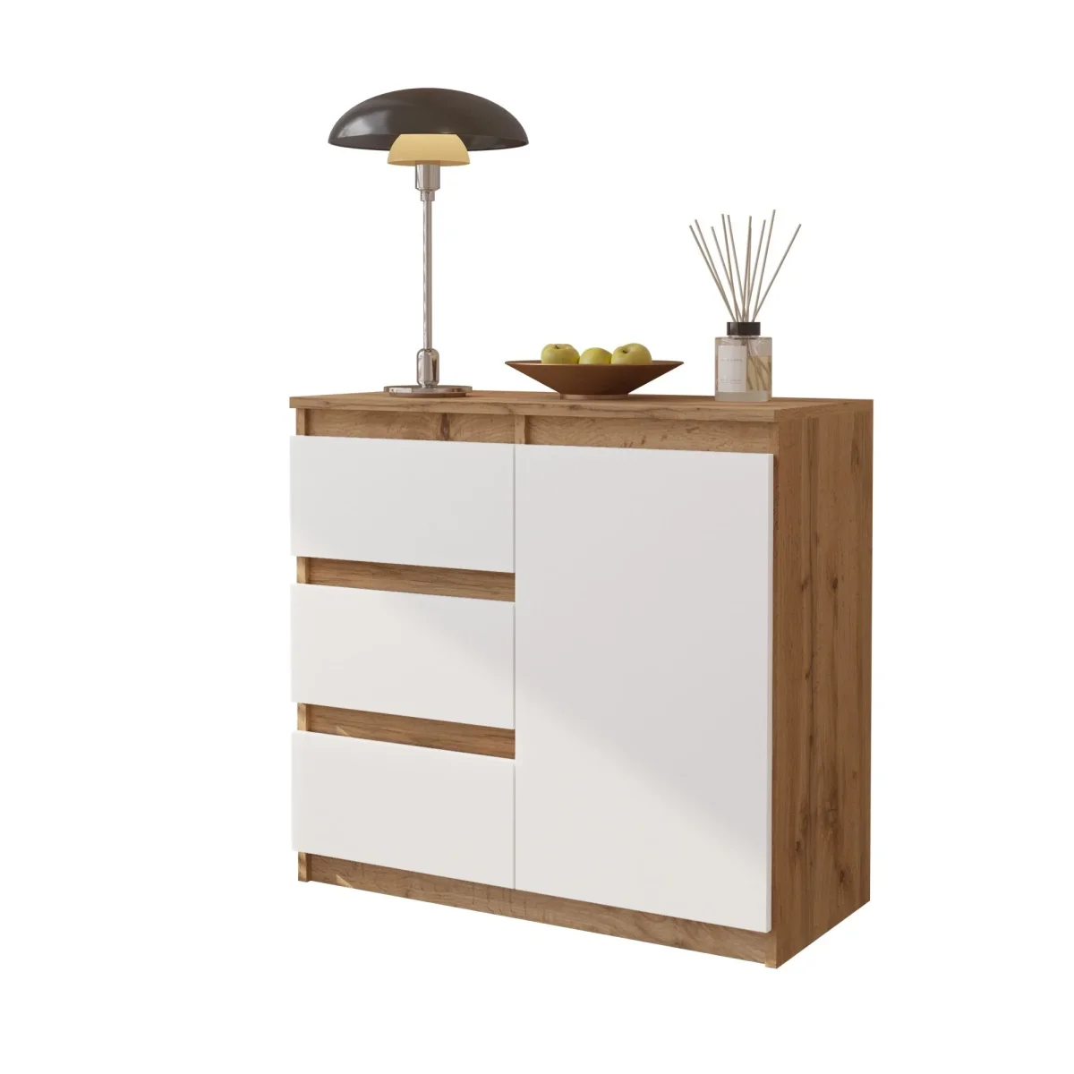 MIKEL - Commode 3 Tiroirs et 1 Porte - Armoire de Rangement pour Couloir / Chambre à Coucher - Buffet - H75cm L80cm P35cm (Chêne Wotan / Blanc) – Image 2