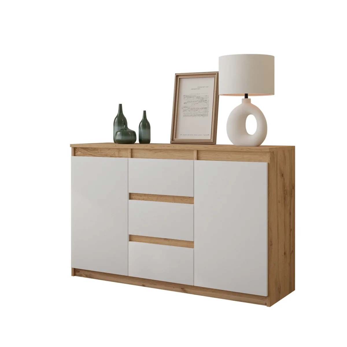 MIKEL - Commode 3 Tiroirs et 2 Portes - Armoire de Rangement pour Couloir / Chambre à Coucher - Buffet - H75cm L120cm P35cm (Chêne Wotan / Blanc)