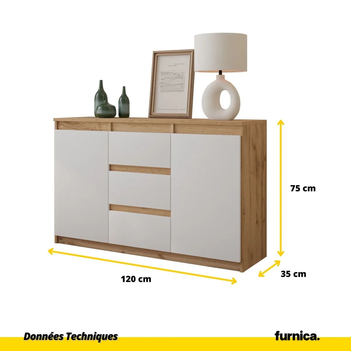 MIKEL - Commode 3 Tiroirs et 2 Portes - Armoire de Rangement pour Couloir / Chambre à Coucher - Buffet - H75cm L120cm P35cm (Chêne Wotan / Blanc) – Image 3