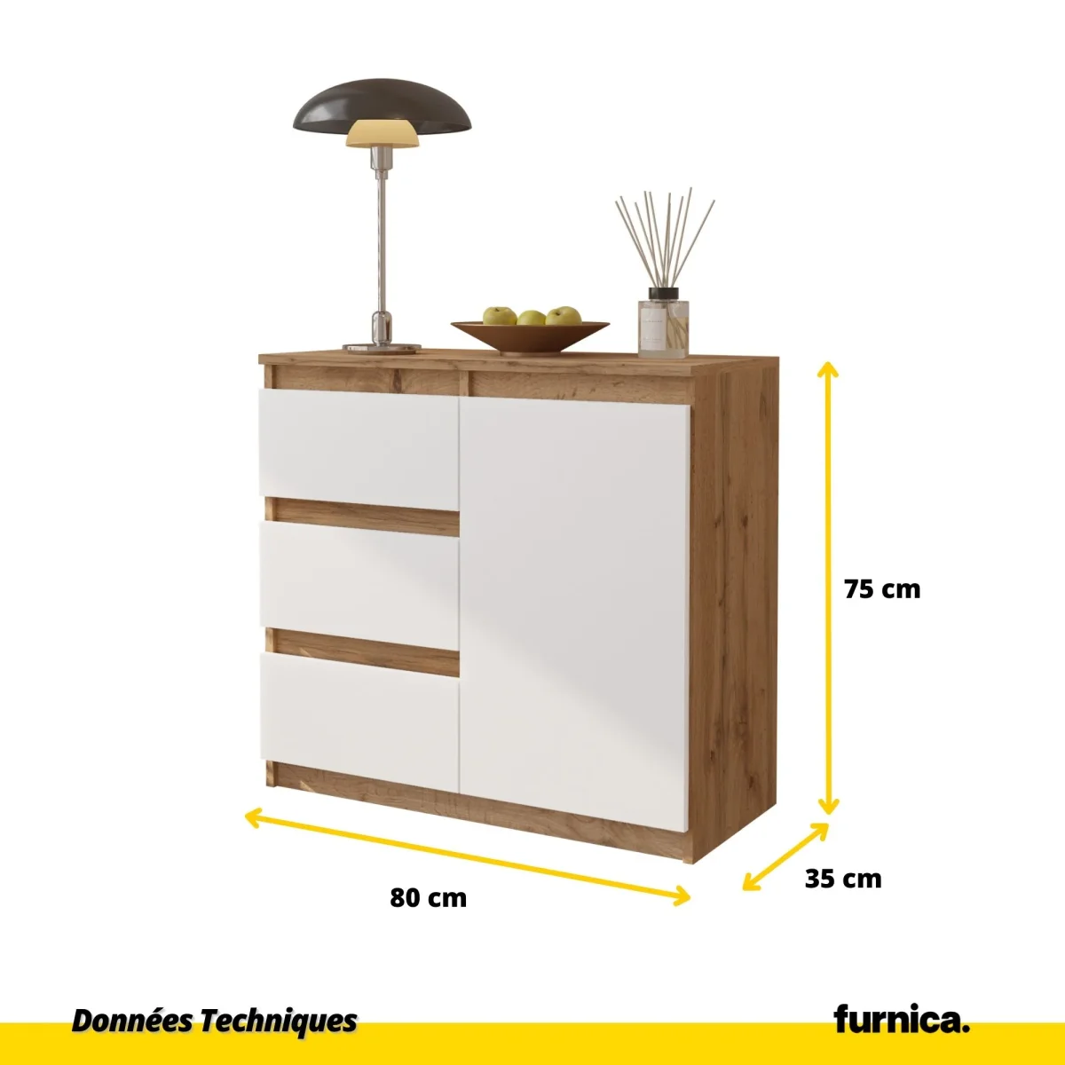 MIKEL - Commode 3 Tiroirs et 1 Porte - Armoire de Rangement pour Couloir / Chambre à Coucher - Buffet - H75cm L80cm P35cm (Chêne Wotan / Blanc) – Image 3