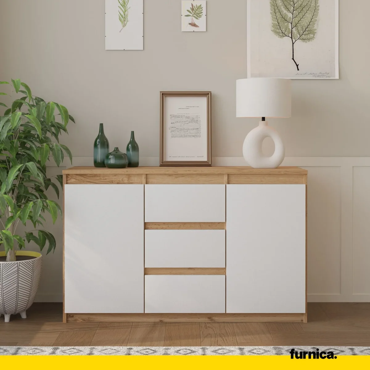 MIKEL - Commode 3 Tiroirs et 2 Portes - Armoire de Rangement pour Couloir / Chambre à Coucher - Buffet - H75cm L120cm P35cm (Chêne Wotan / Blanc) – Image 4