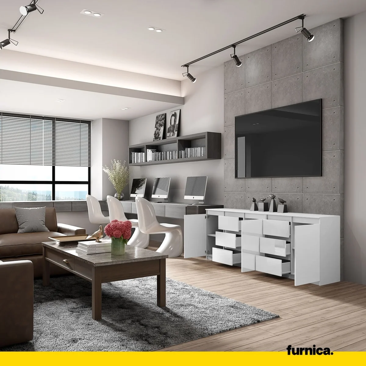 MIKEL - Commode 6 Tiroirs et 3 Portes - Armoire de Rangement pour Couloir / Chambre à Coucher - Buffet - Blanc Matt / Blanc Brillant H75cm L200cm P35cm – Image 5