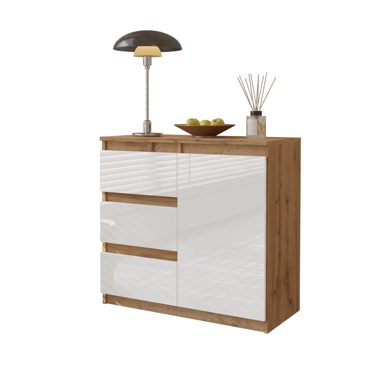 MIKEL - Commode 3 Tiroirs et 1 Porte - Armoire de Rangement pour Couloir / Chambre à Coucher - Buffet - H75cm L80cm P35cm (Chêne Wotan / Blanc Brillant) – Image 2