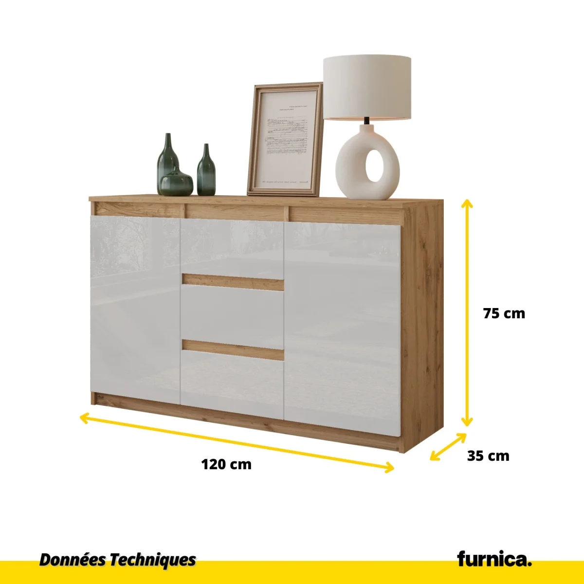 MIKEL - Commode 3 Tiroirs et 2 Portes - Armoire de Rangement pour Couloir / Chambre à Coucher - Buffet - H75cm L120cm P35cm (Chêne Wotan / Blanc Brillant) – Image 3