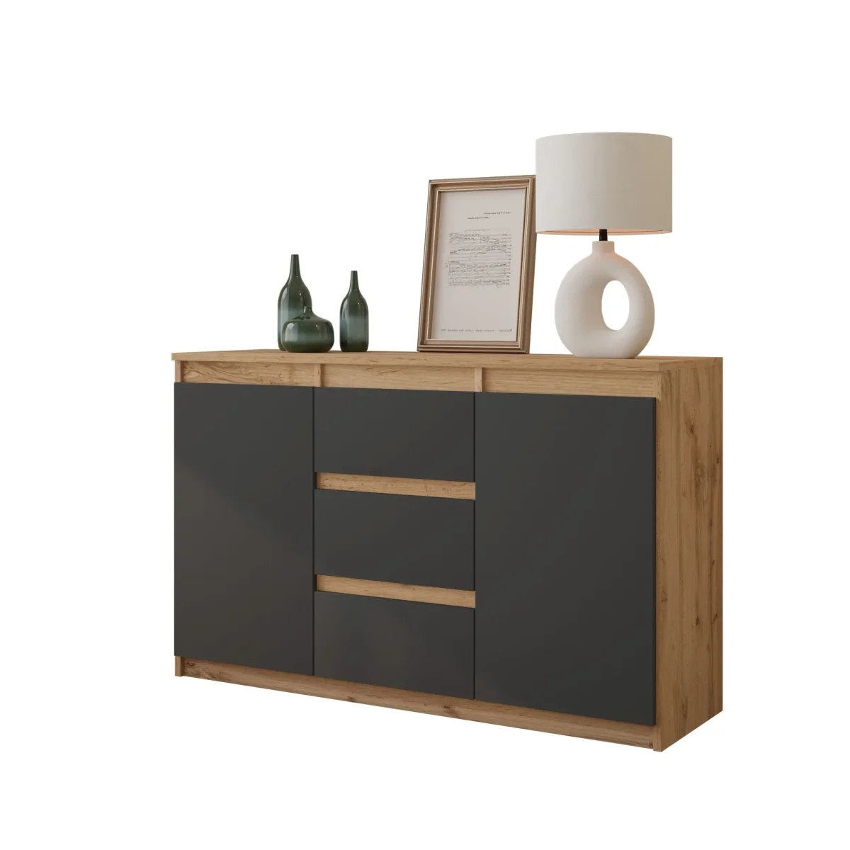 MIKEL - Commode 3 Tiroirs et 2 Portes - Armoire de Rangement pour Couloir / Chambre à Coucher - Buffet - H75cm L120cm P35cm (Chêne Wotan / Anthracite) – Image 2
