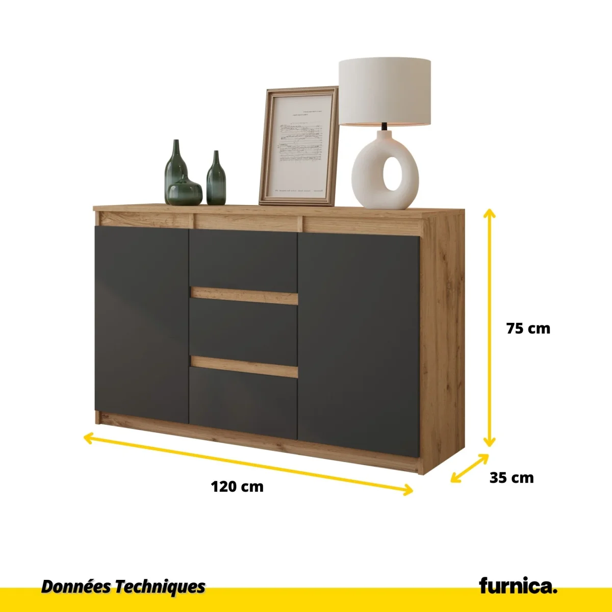 MIKEL - Commode 3 Tiroirs et 2 Portes - Armoire de Rangement pour Couloir / Chambre à Coucher - Buffet - H75cm L120cm P35cm (Chêne Wotan / Anthracite) – Image 3