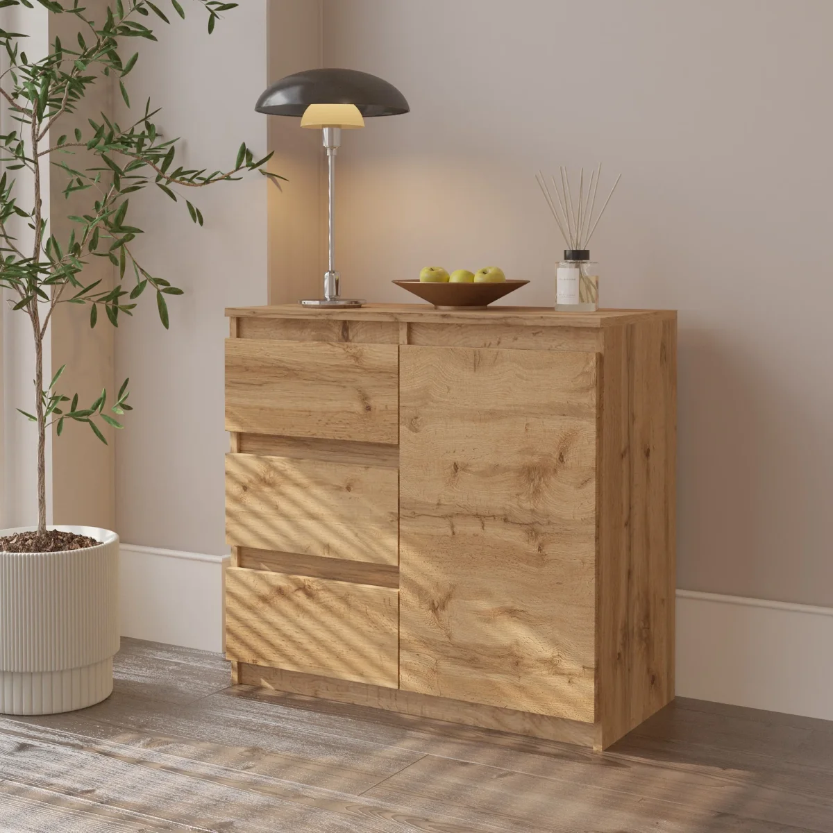 MIKEL - Commode 3 Tiroirs et 1 Porte - Armoire de Rangement pour Couloir / Chambre à Coucher - Buffet - H75cm L80cm P35cm (Chêne Wotan) – Image 5