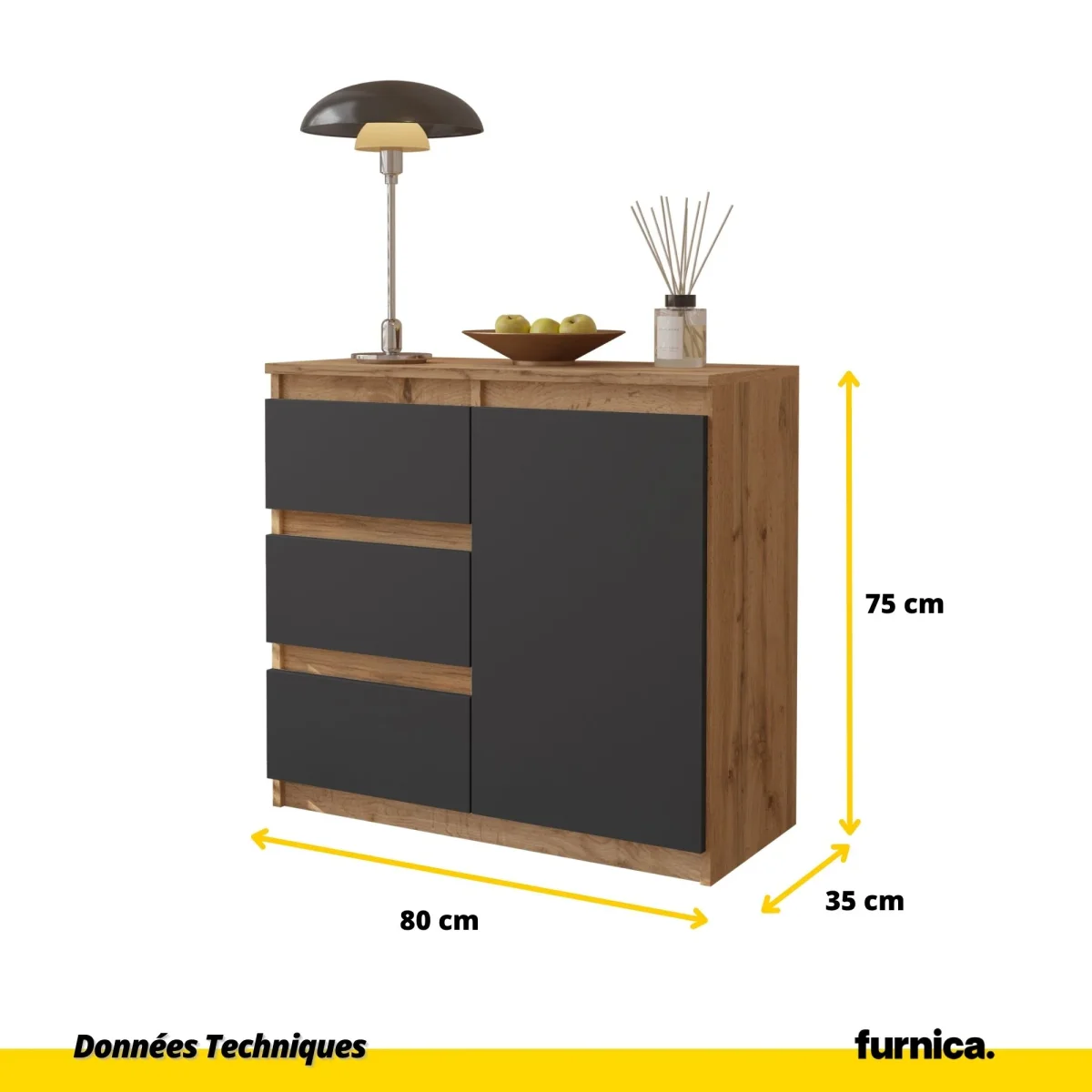 MIKEL - Commode 3 Tiroirs et 1 Porte - Armoire de Rangement pour Couloir / Chambre à Coucher - Buffet - H75cm L80cm P35cm (Chêne Wotan / Anthracite) – Image 3