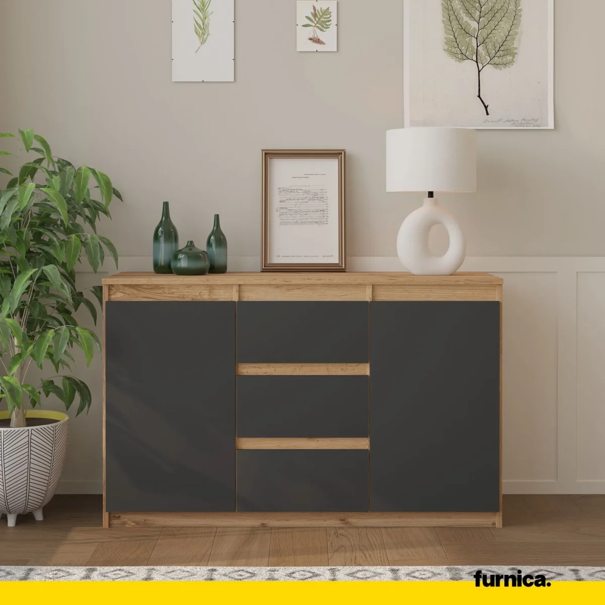 MIKEL - Commode 3 Tiroirs et 2 Portes - Armoire de Rangement pour Couloir / Chambre à Coucher - Buffet - H75cm L120cm P35cm (Chêne Wotan / Anthracite) – Image 4