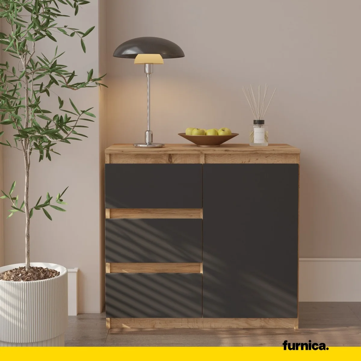 MIKEL - Commode 3 Tiroirs et 1 Porte - Armoire de Rangement pour Couloir / Chambre à Coucher - Buffet - H75cm L80cm P35cm (Chêne Wotan / Anthracite) – Image 4