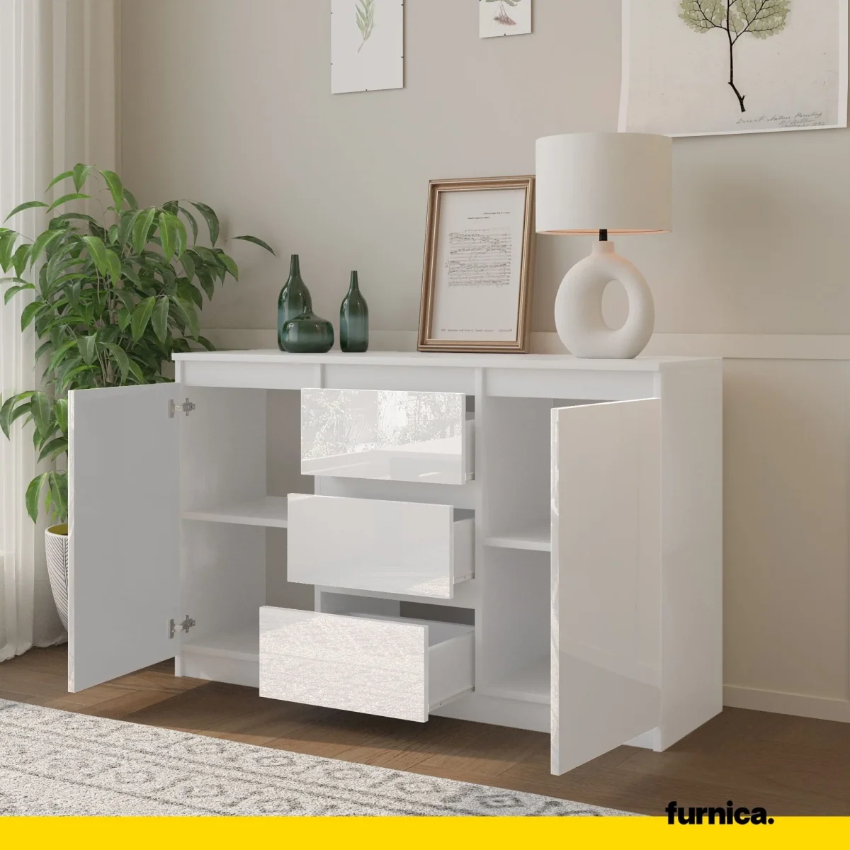 MIKEL - Commode 3 Tiroirs et 2 Portes - Armoire de Rangement pour Couloir/Chambre à Coucher - Buffet - H75cm L120cm P35cm (Blanc Matt/Blanc Brillant) – Image 6