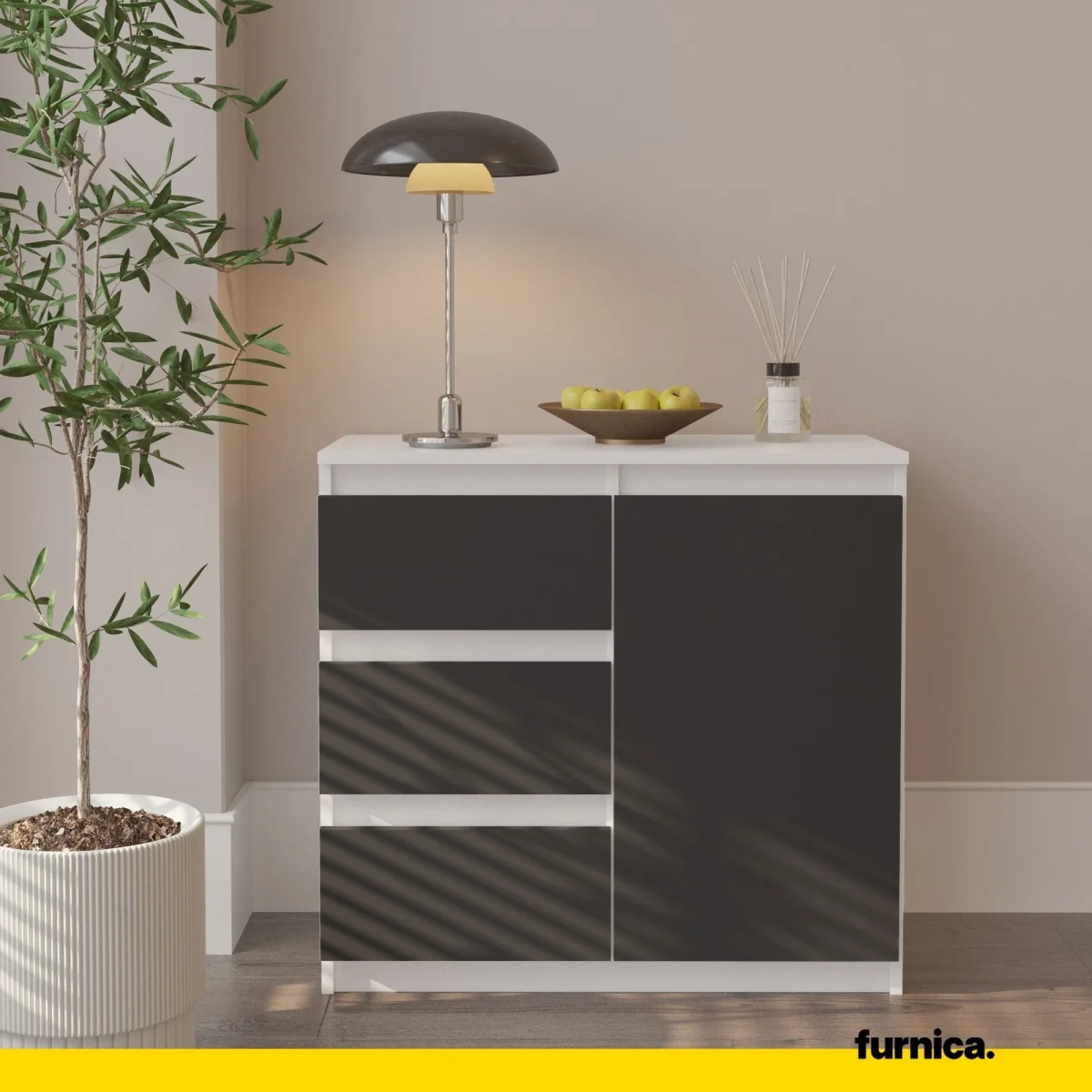 MIKEL - Commode 3 Tiroirs et 1 Porte - Armoire de Rangement pour Couloir/Chambre à Coucher - Buffet - H75cm L80cm P35cm (Blanc/Anthracite) – Image 4