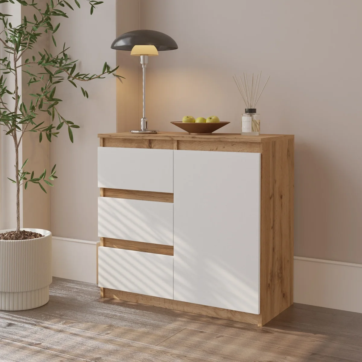 MIKEL - Commode 3 Tiroirs et 1 Porte - Armoire de Rangement pour Couloir / Chambre à Coucher - Buffet - H75cm L80cm P35cm (Chêne Wotan / Blanc) – Image 5