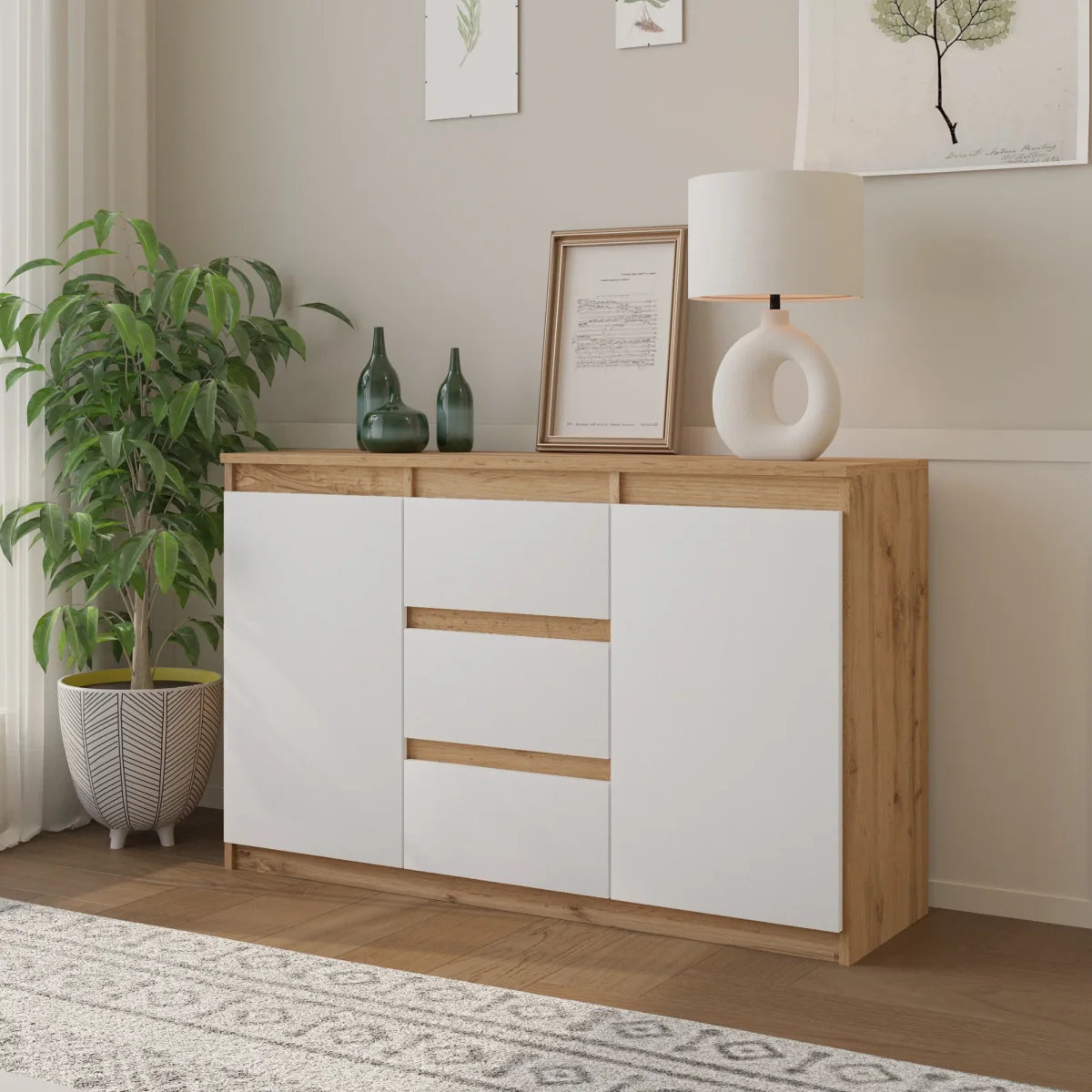 MIKEL - Commode 3 Tiroirs et 2 Portes - Armoire de Rangement pour Couloir / Chambre à Coucher - Buffet - H75cm L120cm P35cm (Chêne Wotan / Blanc) – Image 5