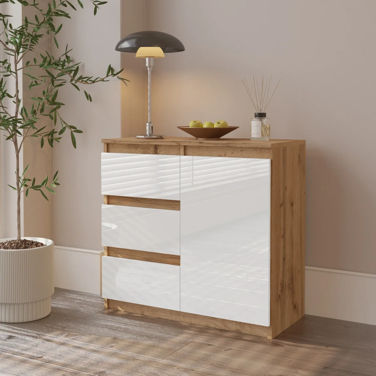 MIKEL - Commode 3 Tiroirs et 1 Porte - Armoire de Rangement pour Couloir / Chambre à Coucher - Buffet - H75cm L80cm P35cm (Chêne Wotan / Blanc Brillant) – Image 5