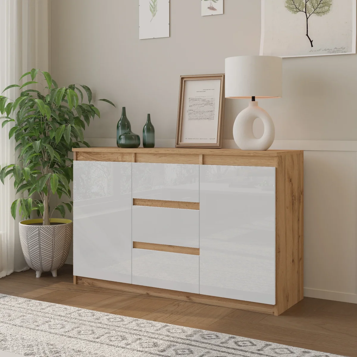 MIKEL - Commode 3 Tiroirs et 2 Portes - Armoire de Rangement pour Couloir / Chambre à Coucher - Buffet - H75cm L120cm P35cm (Chêne Wotan / Blanc Brillant) – Image 5