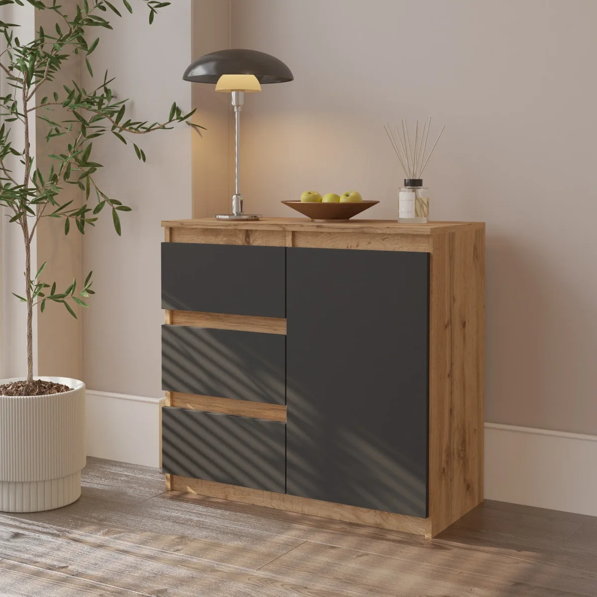 MIKEL - Commode 3 Tiroirs et 1 Porte - Armoire de Rangement pour Couloir / Chambre à Coucher - Buffet - H75cm L80cm P35cm (Chêne Wotan / Anthracite) – Image 5