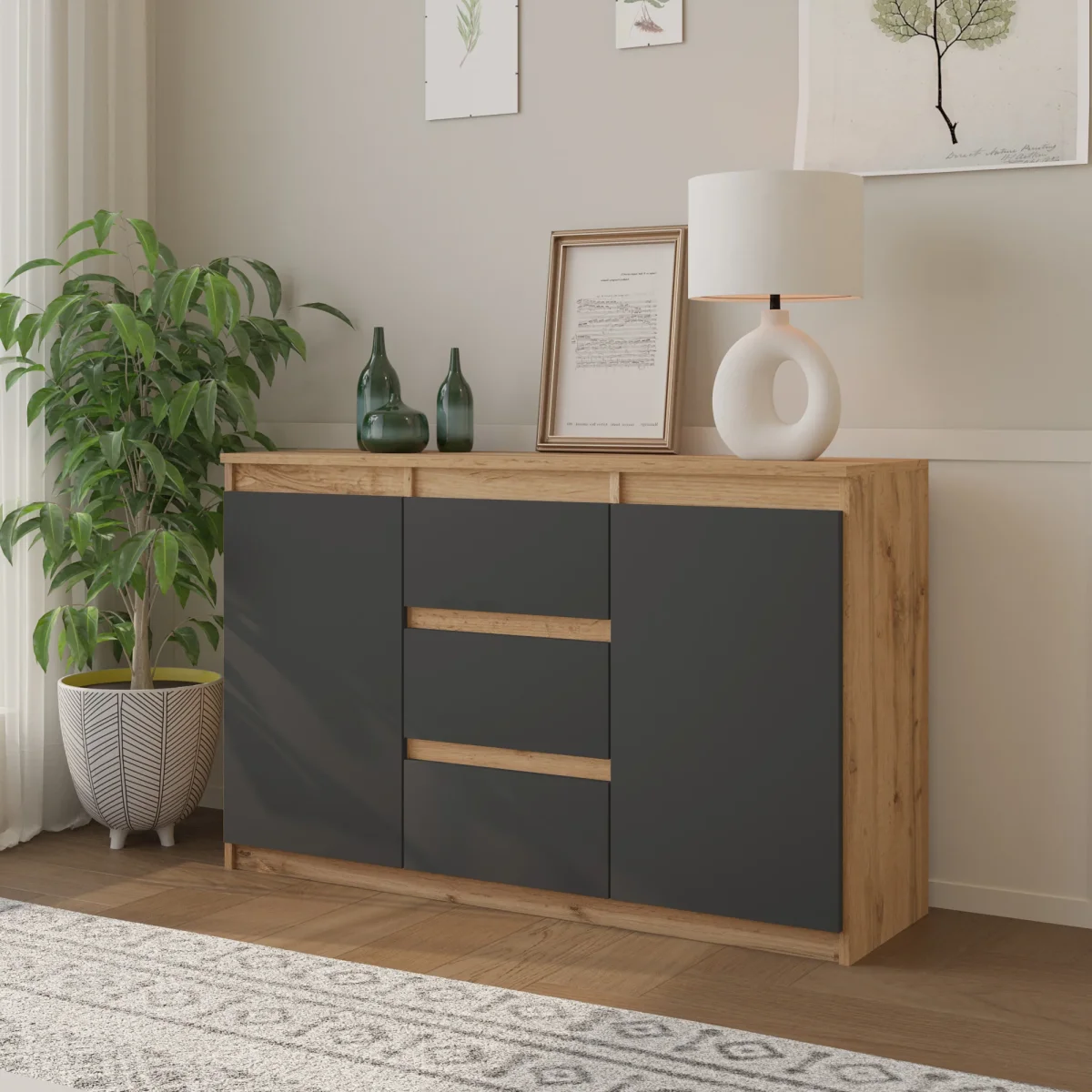 MIKEL - Commode 3 Tiroirs et 2 Portes - Armoire de Rangement pour Couloir / Chambre à Coucher - Buffet - H75cm L120cm P35cm (Chêne Wotan / Anthracite) – Image 5