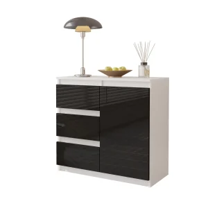 MIKEL - Commode 3 Tiroirs et 1 Porte - Armoire de Rangement pour Couloir/Chambre à Coucher - Buffet - H75cm L80cm P35cm (Blanc/Noir Brillant)