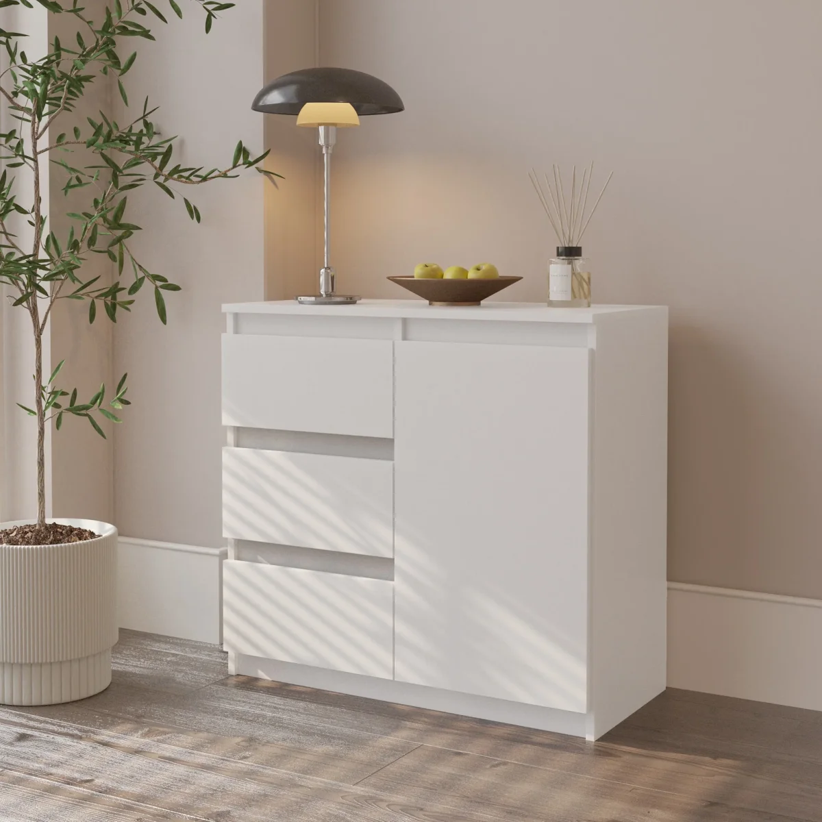 MIKEL - Commode 3 Tiroirs et 1 Porte - Armoire de Rangement pour Couloir/Chambre à Coucher - Buffet - H75cm L80cm P35cm (Blanc) – Image 5