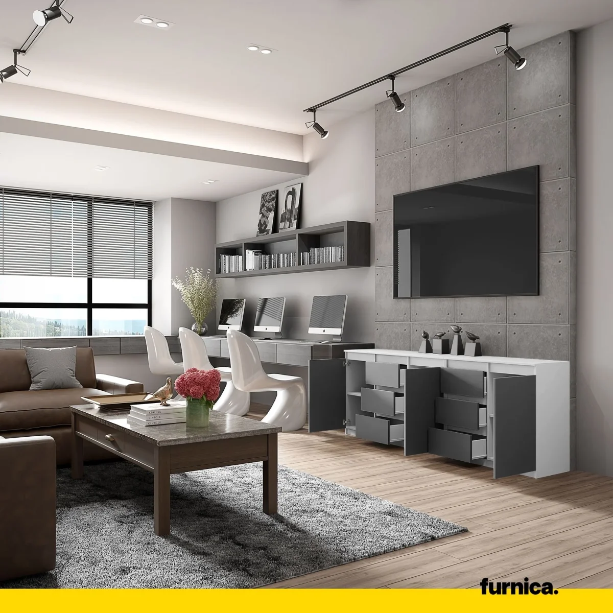 MIKEL - Commode 6 Tiroirs et 3 Portes - Armoire de Rangement pour Couloir / Chambre à Coucher - Buffet - Blanc Matt / Anthracite H75cm L200cm P35cm – Image 5