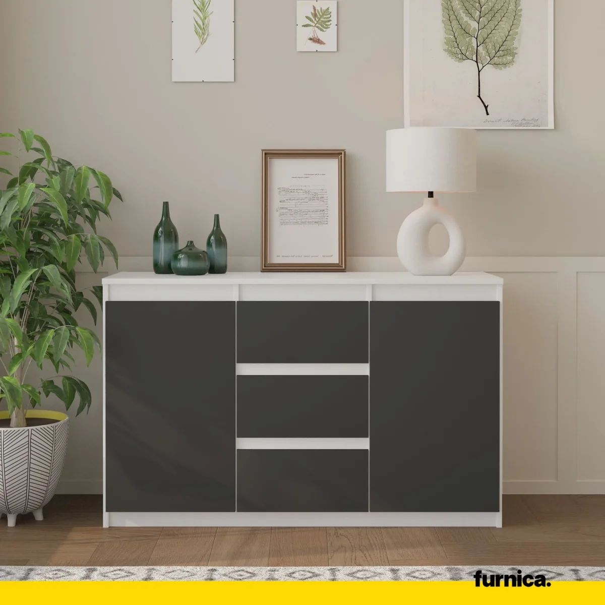 MIKEL - Commode 3 Tiroirs et 2 Portes - Armoire de Rangement pour Couloir/Chambre à Coucher - Buffet - H75cm L120cm P35cm (Blanc/Anthracite) – Image 4