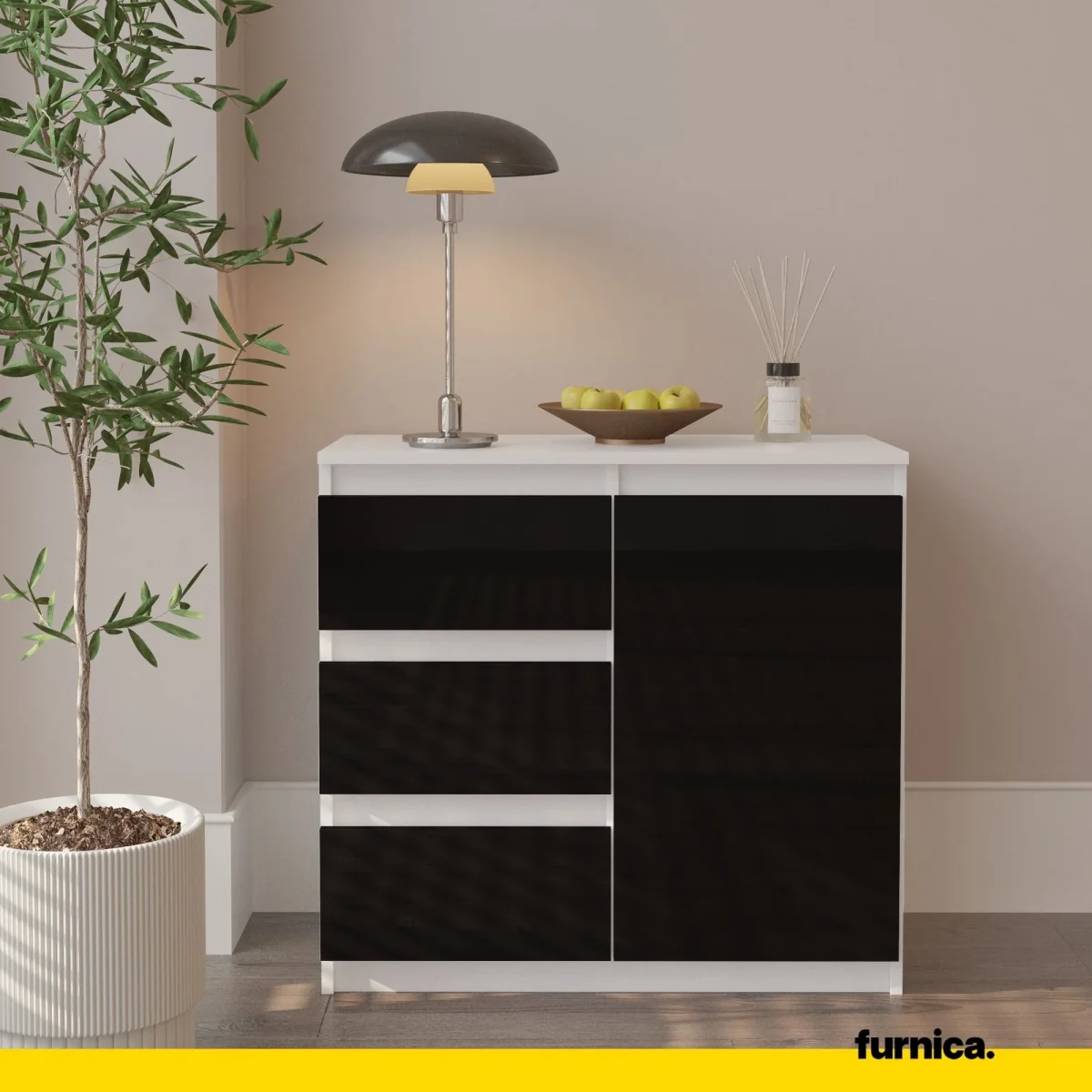 MIKEL - Commode 3 Tiroirs et 1 Porte - Armoire de Rangement pour Couloir/Chambre à Coucher - Buffet - H75cm L80cm P35cm (Blanc/Noir Brillant) – Image 4