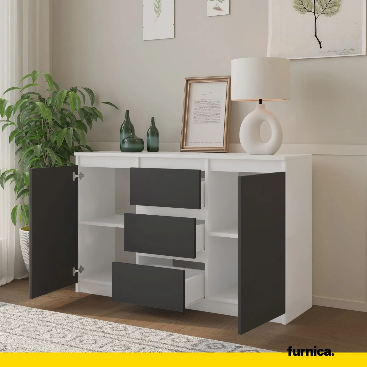 MIKEL - Commode 3 Tiroirs et 2 Portes - Armoire de Rangement pour Couloir/Chambre à Coucher - Buffet - H75cm L120cm P35cm (Blanc/Anthracite) – Image 6