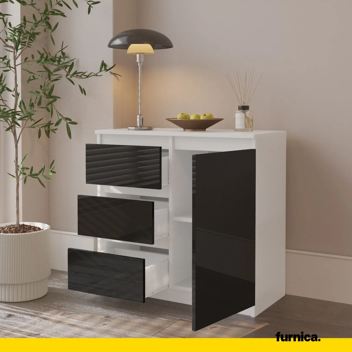 MIKEL - Commode 3 Tiroirs et 1 Porte - Armoire de Rangement pour Couloir/Chambre à Coucher - Buffet - H75cm L80cm P35cm (Blanc/Noir Brillant) – Image 6