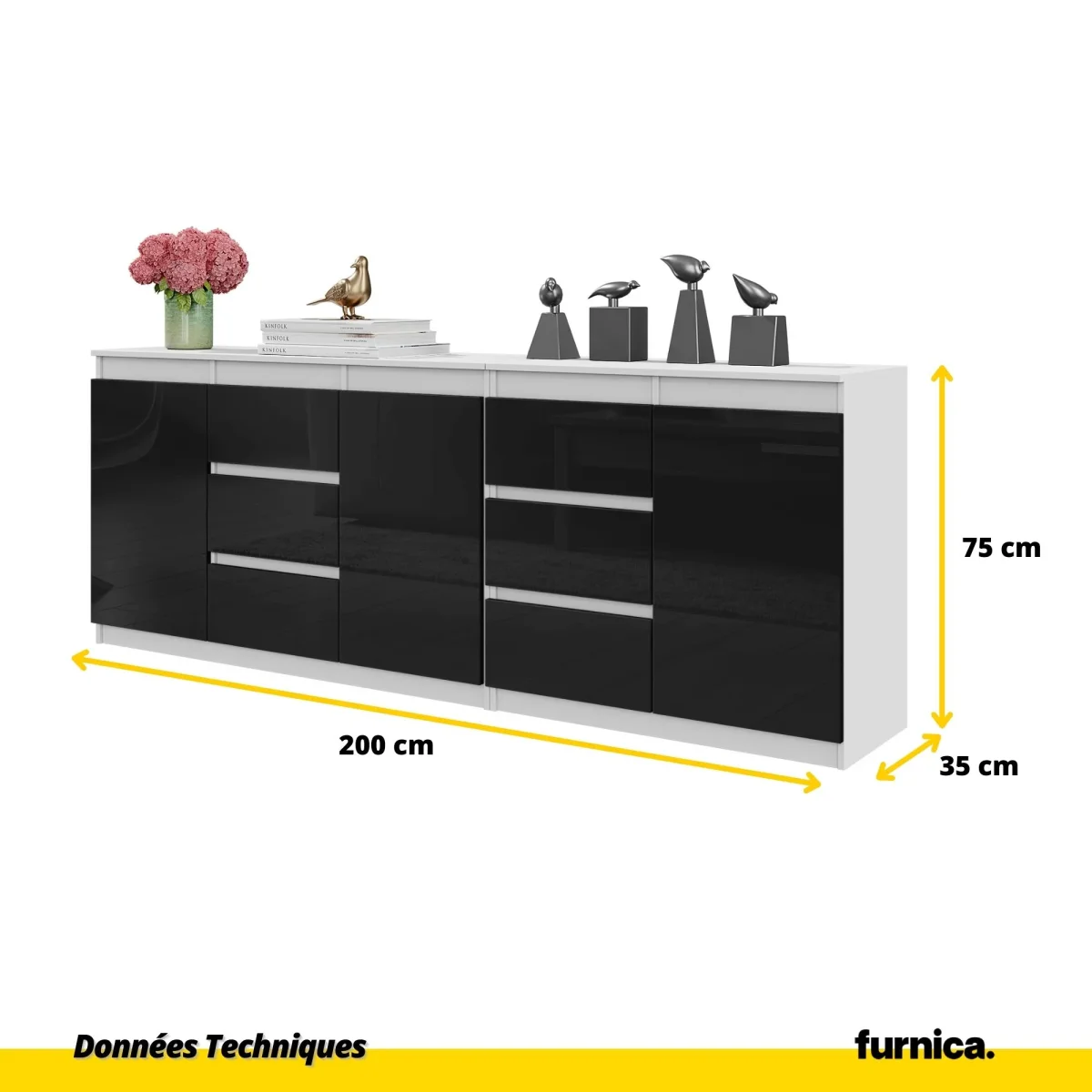 MIKEL - Commode 6 Tiroirs et 3 Portes - Armoire de Rangement pour Couloir / Chambre à Coucher - Buffet - Blanc Matt / Noir Brillant H75cm L200cm P35cm – Image 3