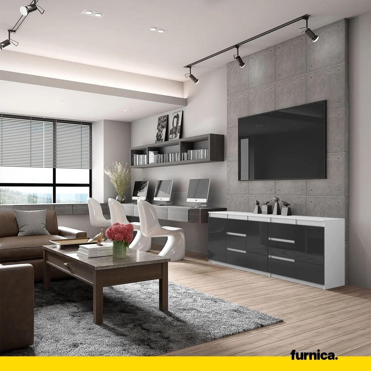 MIKEL - Commode 6 Tiroirs et 3 Portes - Armoire de Rangement pour Couloir / Chambre à Coucher - Buffet - Blanc Matt / Noir Brillant H75cm L200cm P35cm – Image 4