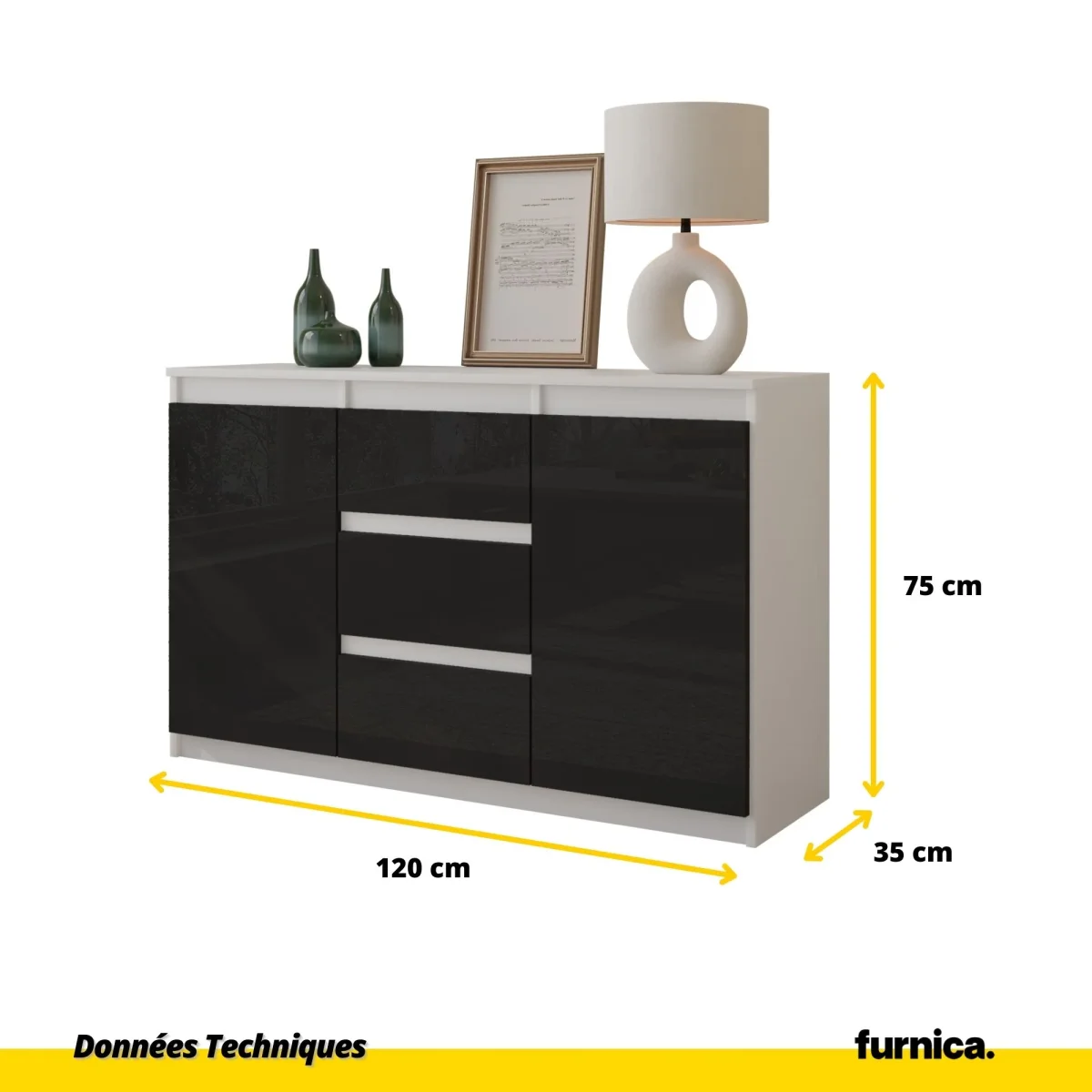 MIKEL - Commode 3 Tiroirs et 2 Portes - Armoire de Rangement pour Couloir/Chambre à Coucher - Buffet - H75cm L120cm P35cm (Blanc/Noir Brillant) – Image 3