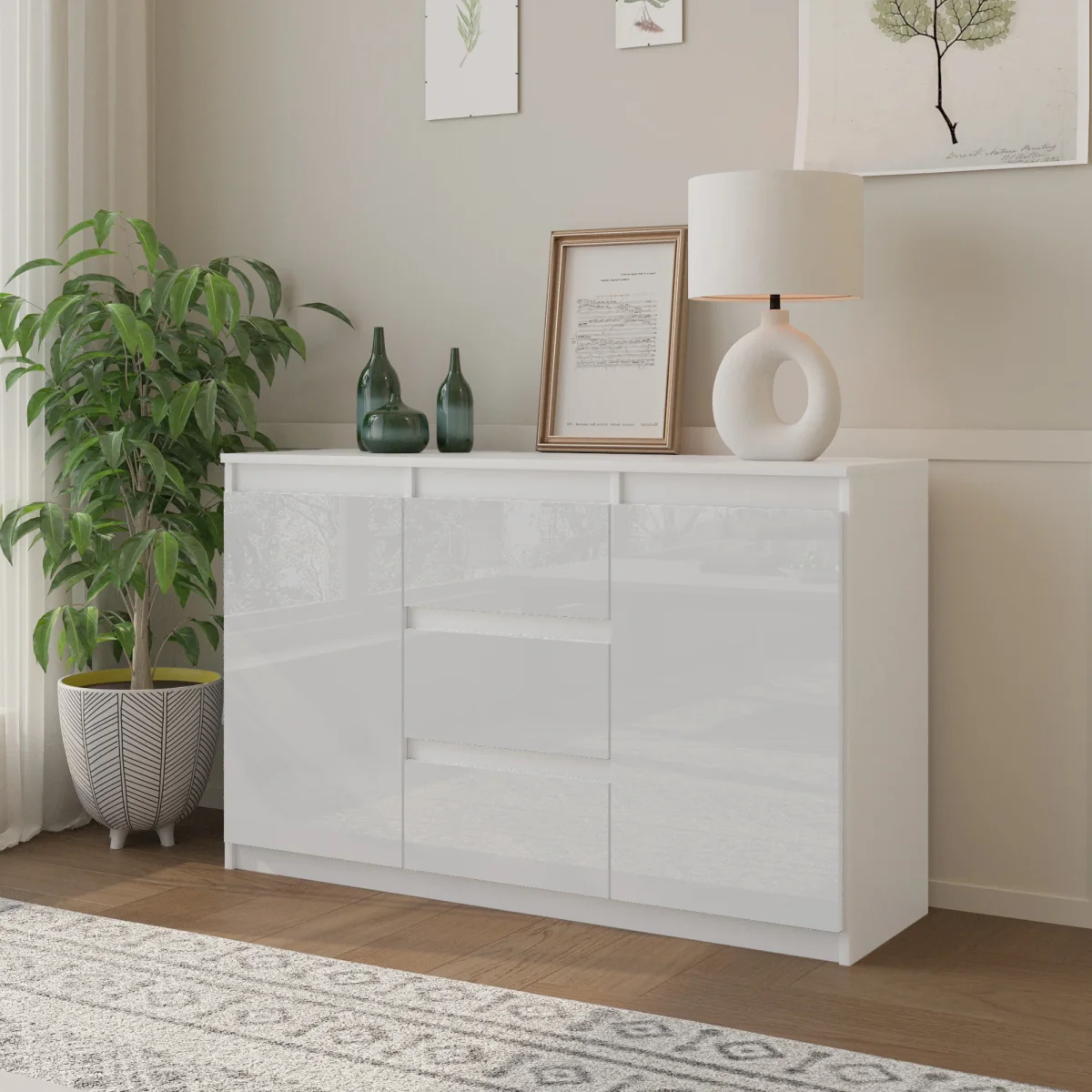 MIKEL - Commode 3 Tiroirs et 2 Portes - Armoire de Rangement pour Couloir/Chambre à Coucher - Buffet - H75cm L120cm P35cm (Blanc Matt/Blanc Brillant) – Image 5