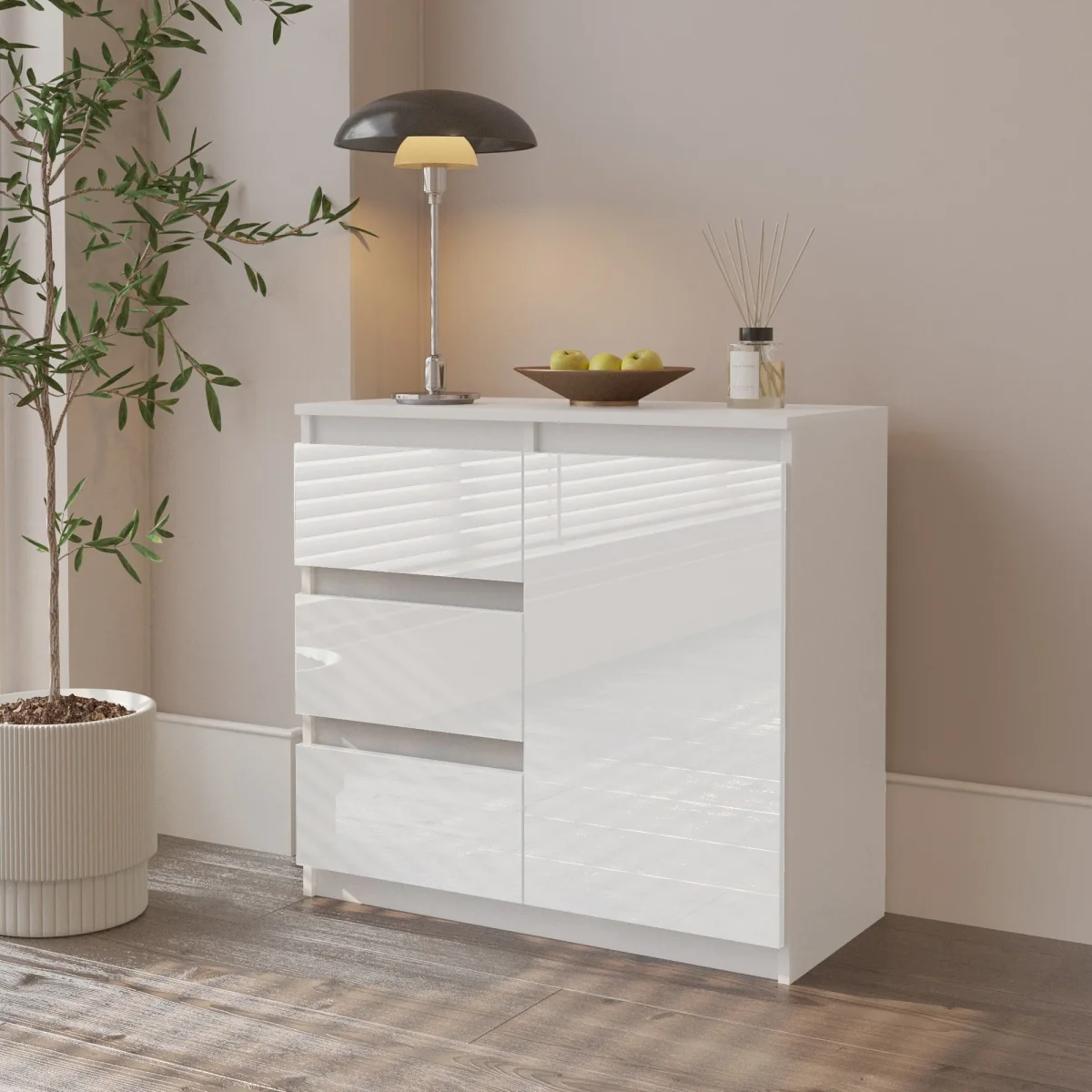 MIKEL - Commode 3 Tiroirs et 1 Porte - Armoire de Rangement pour Couloir/Chambre à Coucher - Buffet - H75cm L80cm P35cm (Blanc Matt/Blanc Brillant) – Image 5
