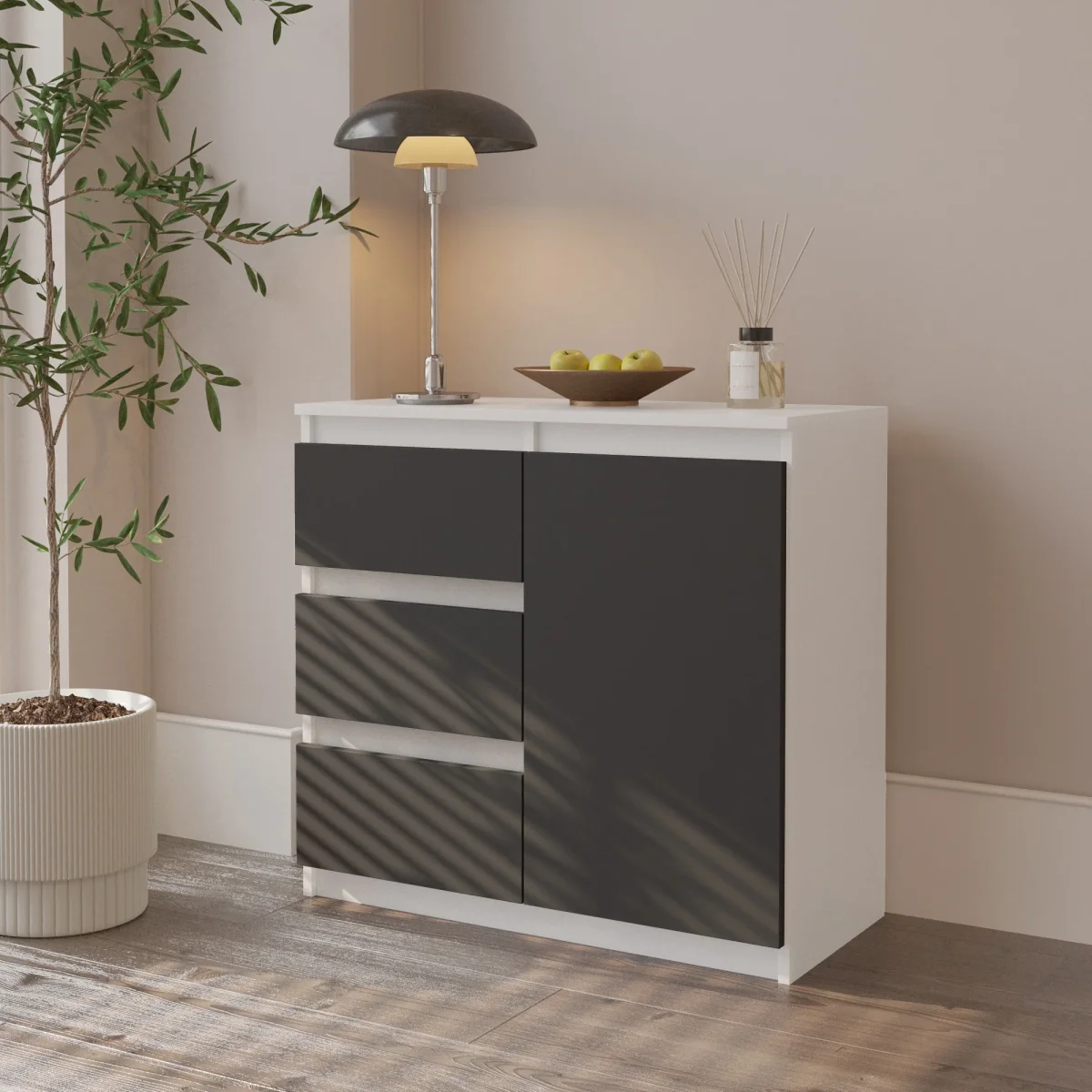 MIKEL - Commode 3 Tiroirs et 1 Porte - Armoire de Rangement pour Couloir/Chambre à Coucher - Buffet - H75cm L80cm P35cm (Blanc/Anthracite) – Image 5