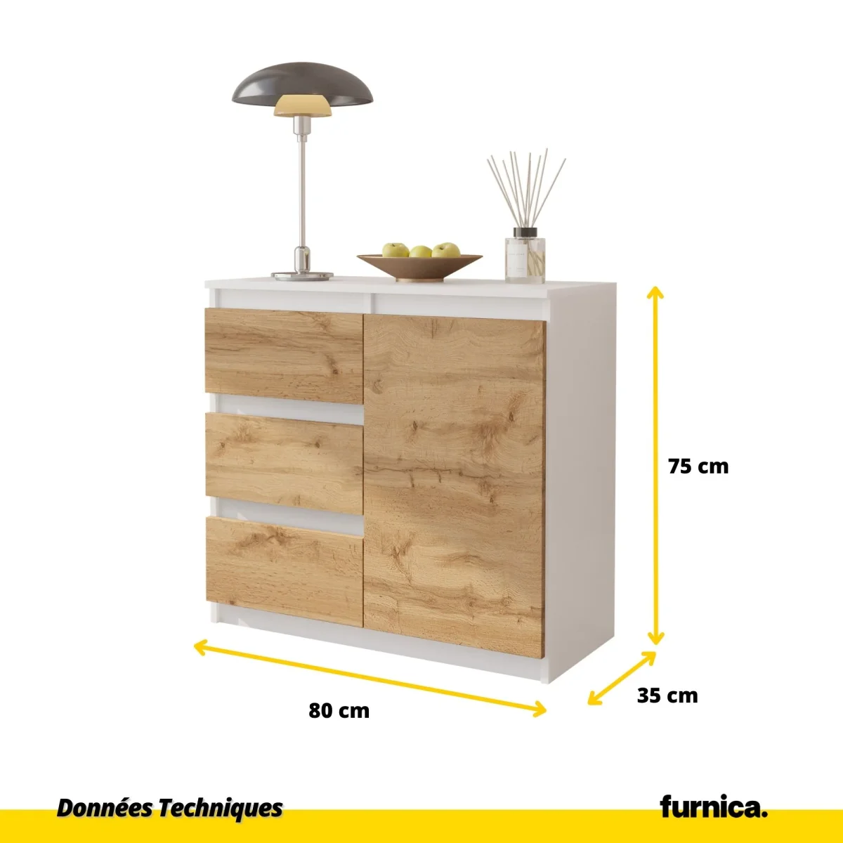 MIKEL - Commode 3 Tiroirs et 1 Porte - Armoire de Rangement pour Couloir/Chambre à Coucher - Buffet - H75cm L80cm P35cm (Blanc/Chêne Wotan) – Image 3