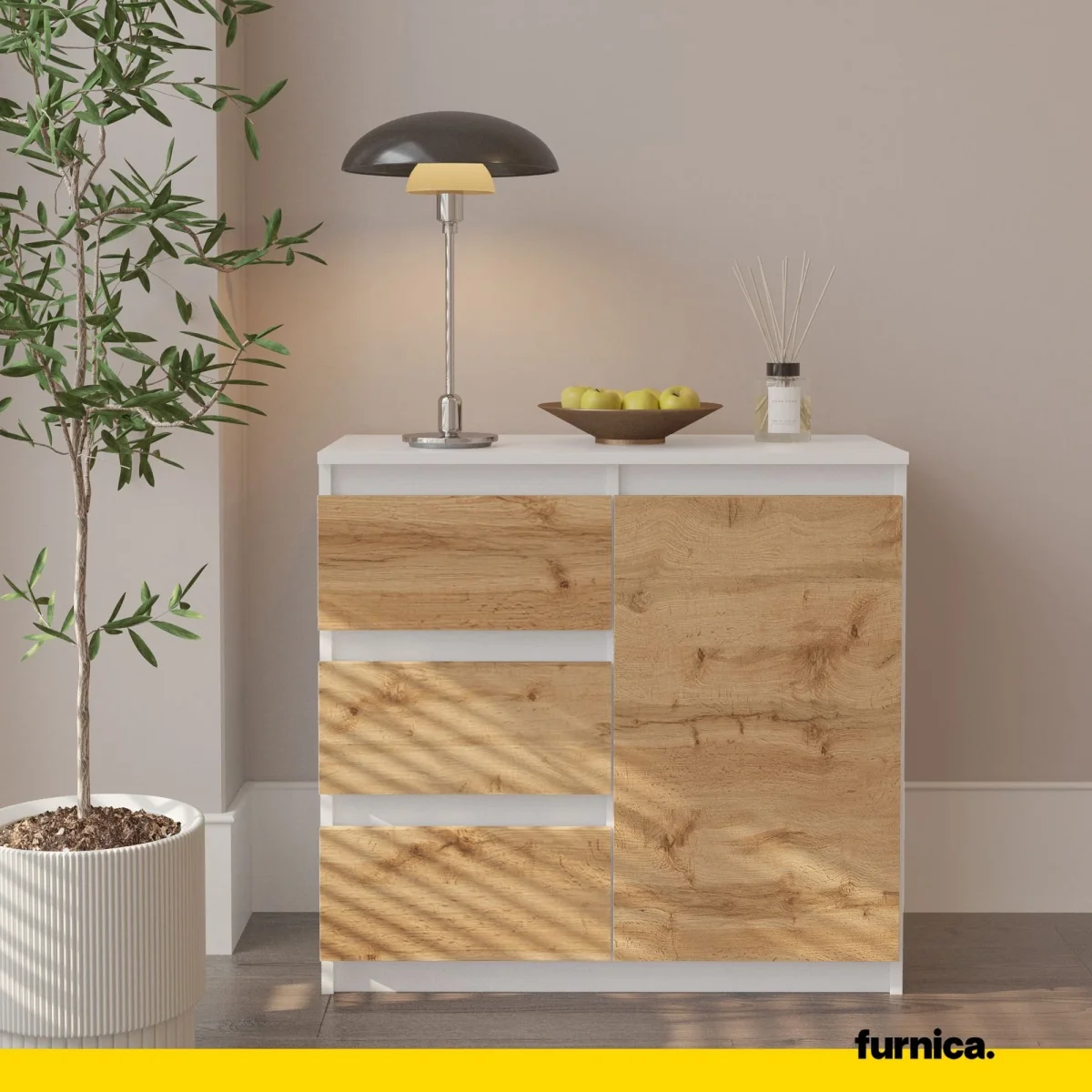 MIKEL - Commode 3 Tiroirs et 1 Porte - Armoire de Rangement pour Couloir/Chambre à Coucher - Buffet - H75cm L80cm P35cm (Blanc/Chêne Wotan) – Image 4