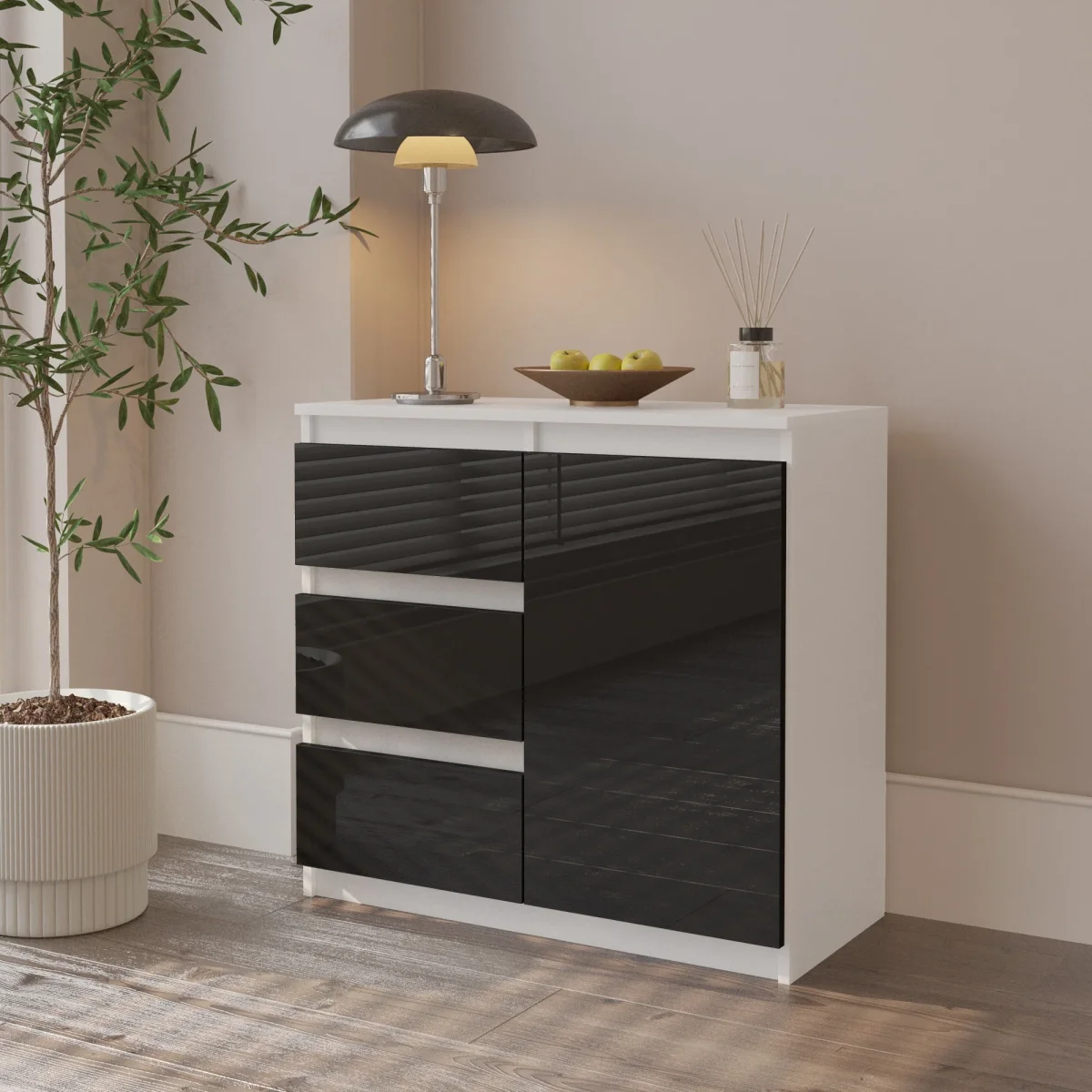 MIKEL - Commode 3 Tiroirs et 1 Porte - Armoire de Rangement pour Couloir/Chambre à Coucher - Buffet - H75cm L80cm P35cm (Blanc/Noir Brillant) – Image 5