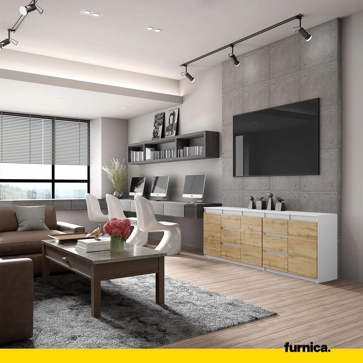 MIKEL - Commode 6 Tiroirs et 3 Portes - Armoire de Rangement pour Couloir / Chambre à Coucher - Buffet - Blanc Matt / Chêne Wotan H75cm L200cm P35cm – Image 4