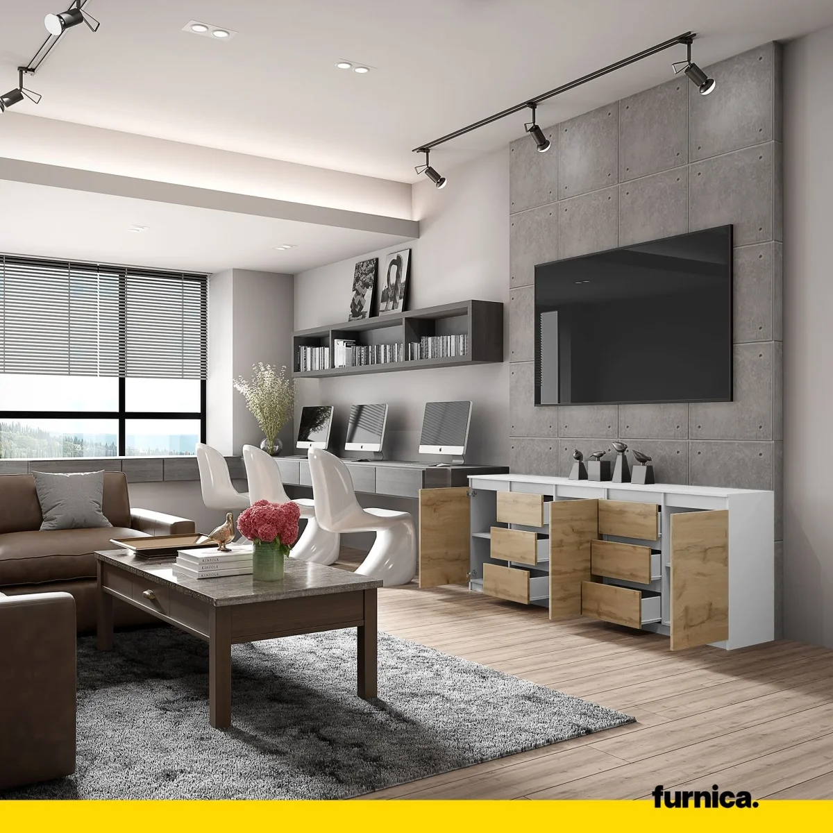 MIKEL - Commode 6 Tiroirs et 3 Portes - Armoire de Rangement pour Couloir / Chambre à Coucher - Buffet - Blanc Matt / Chêne Wotan H75cm L200cm P35cm – Image 5