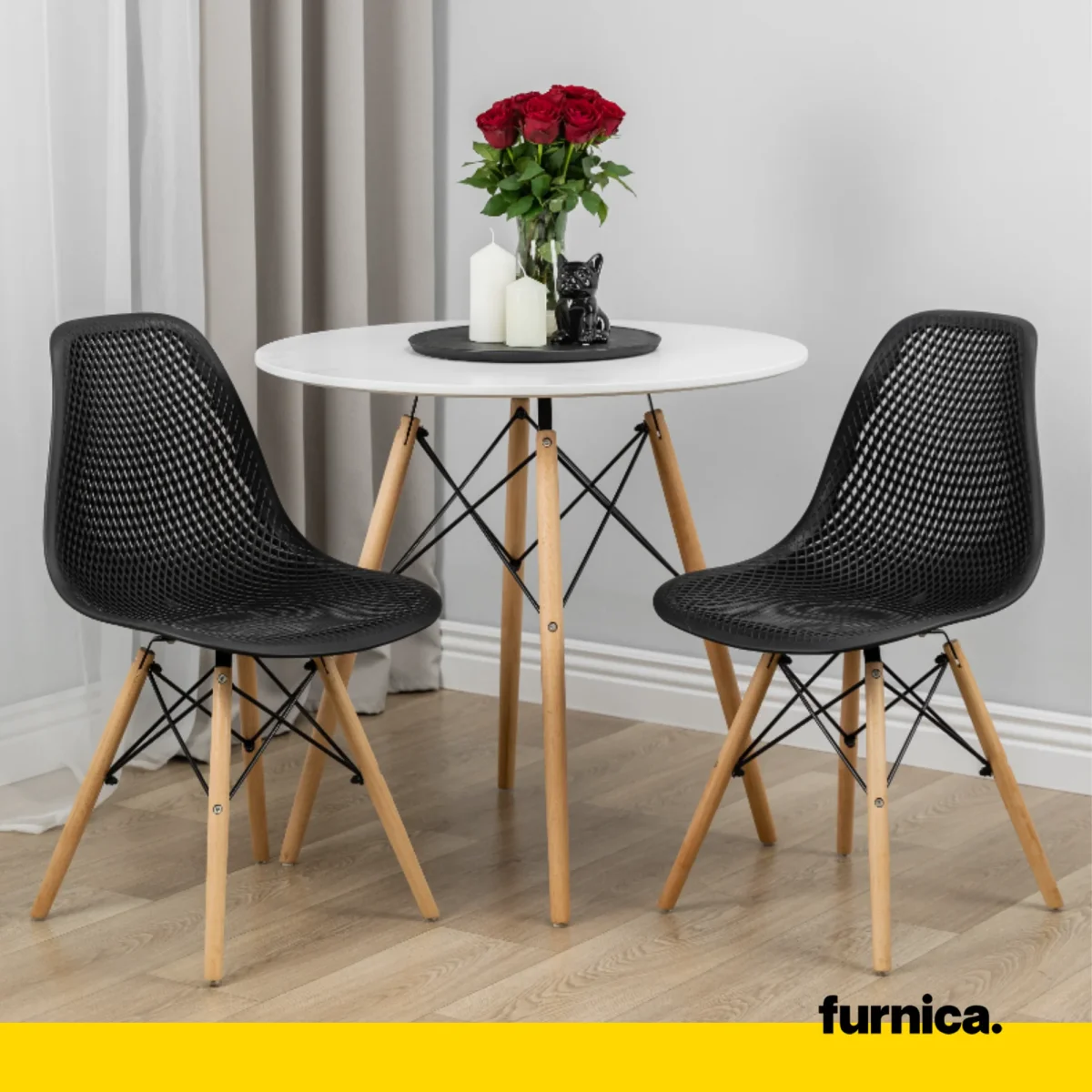 LUCA - Chaise de Salle à Manger / Bureau en Plastique Perforé avec Pieds en Bois - Noir – Image 7