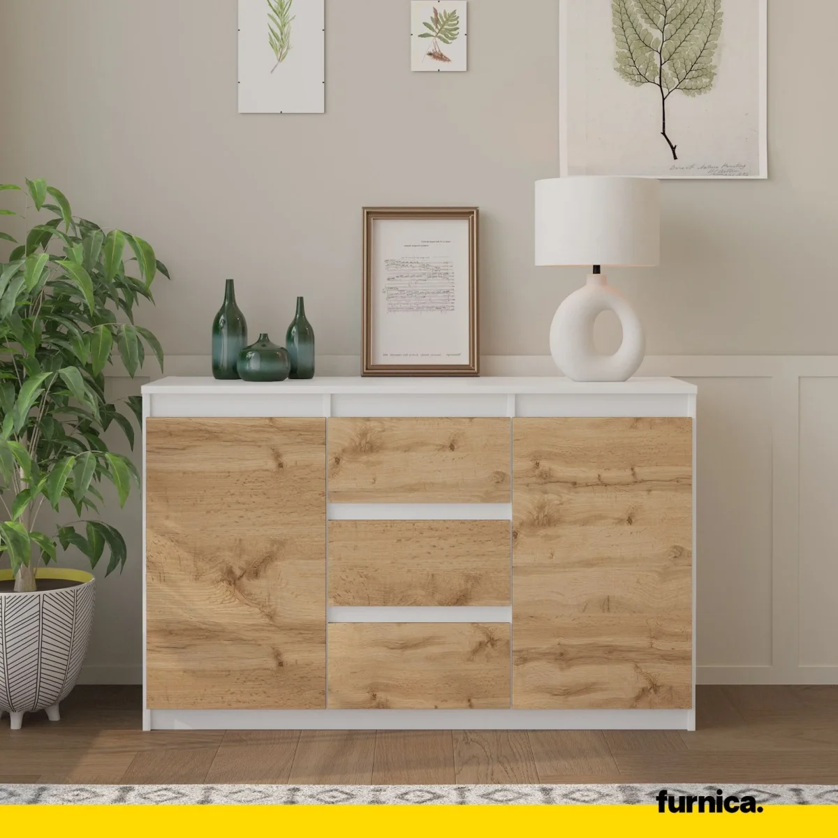 MIKEL - Commode 3 Tiroirs et 2 Portes - Armoire de Rangement pour Couloir/Chambre à Coucher - Buffet - H75cm L120cm P35cm (Blanc/Chêne Wotan) – Image 4