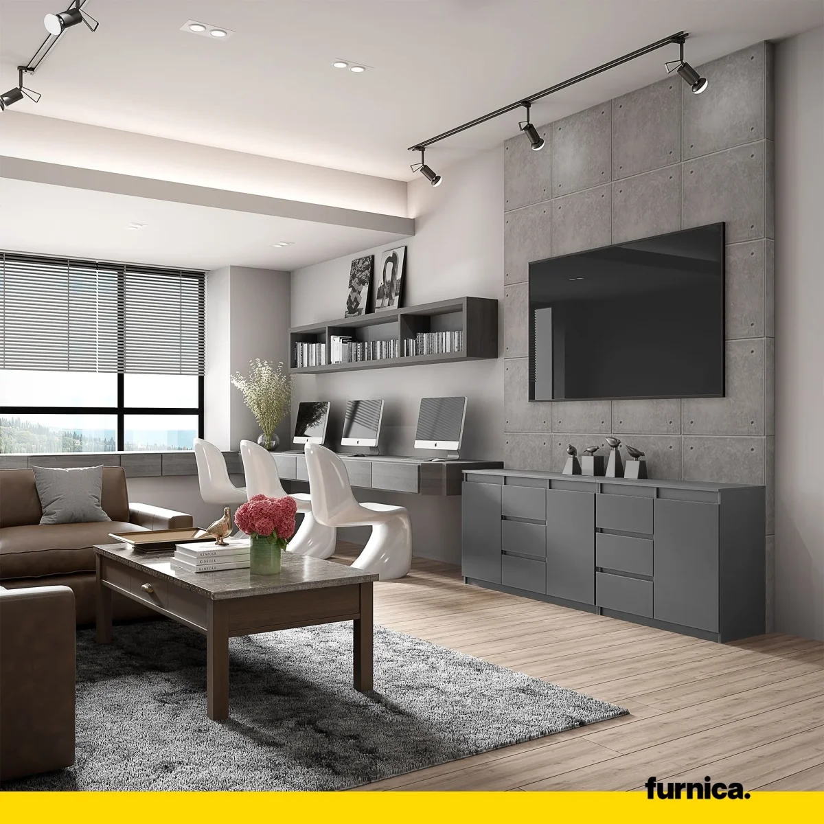 MIKEL - Commode 6 Tiroirs et 3 Portes - Armoire de Rangement pour Couloir / Chambre à Coucher - Buffet - Anthracite H75cm L200cm P35cm – Image 4