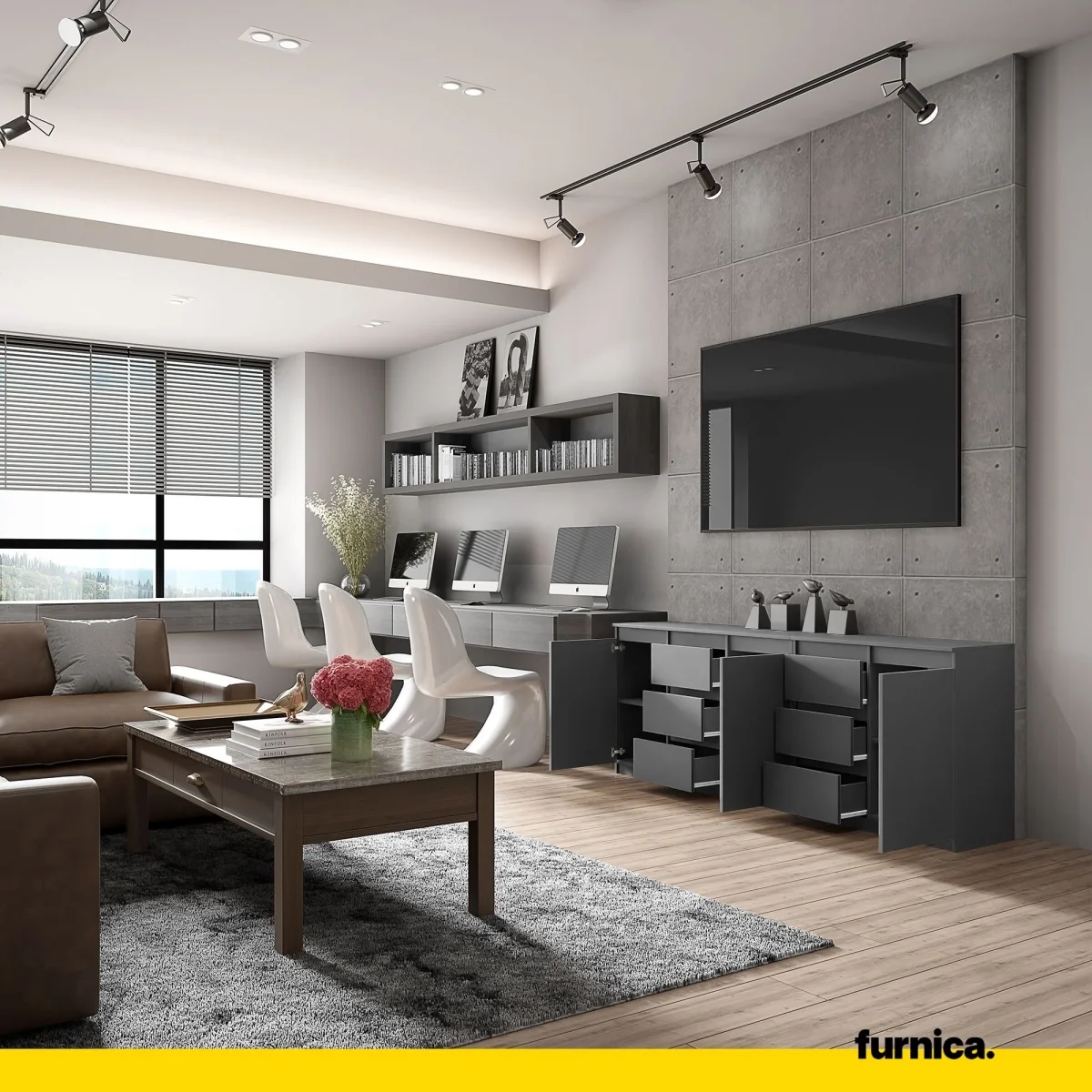 MIKEL - Commode 6 Tiroirs et 3 Portes - Armoire de Rangement pour Couloir / Chambre à Coucher - Buffet - Anthracite H75cm L200cm P35cm – Image 5