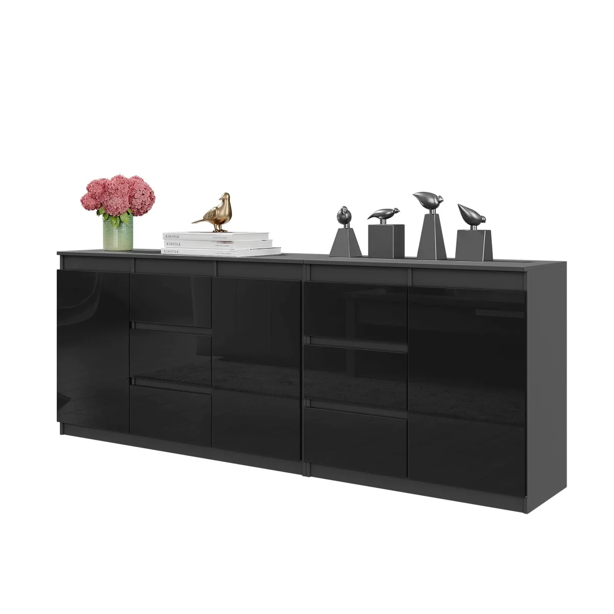 MIKEL - Commode 6 Tiroirs et 3 Portes - Armoire de Rangement pour Couloir / Chambre à Coucher - Buffet - Anthracite / Noir Brillant H75cm L200cm P35cm – Image 2